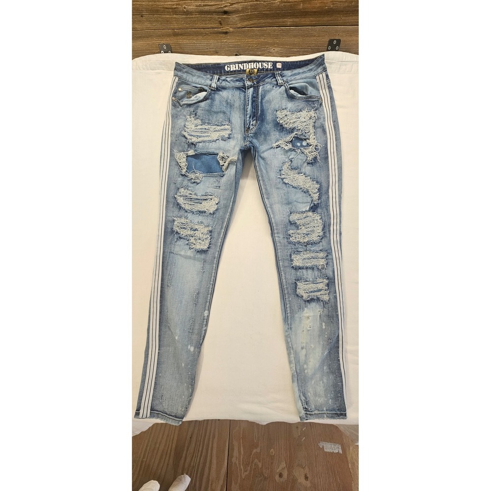 Grindhouse Denim Mens 38 Distressed Skinny Jeans Side Stripe Light Wash Blue